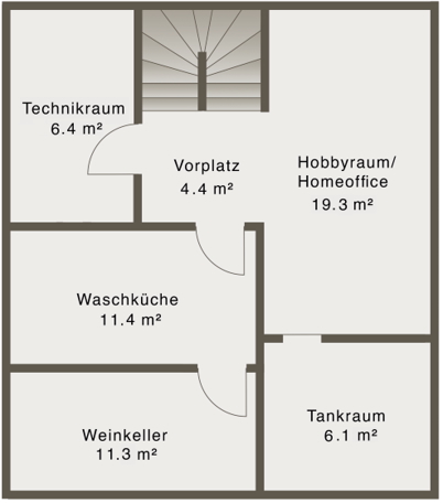 Basement floor plan of a detached house in Zürich showing hobby room, home office, laundry, wine cellar, utility room, and tank room.